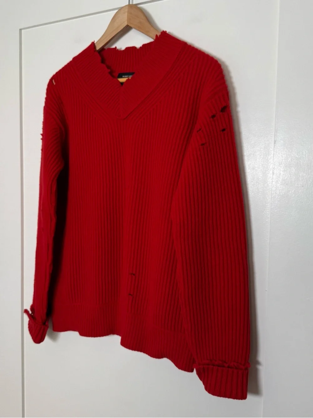 Helmut Lang Sweater Womens Sz S Red Ribbed Distressed V Neck Oversized 100% Wool